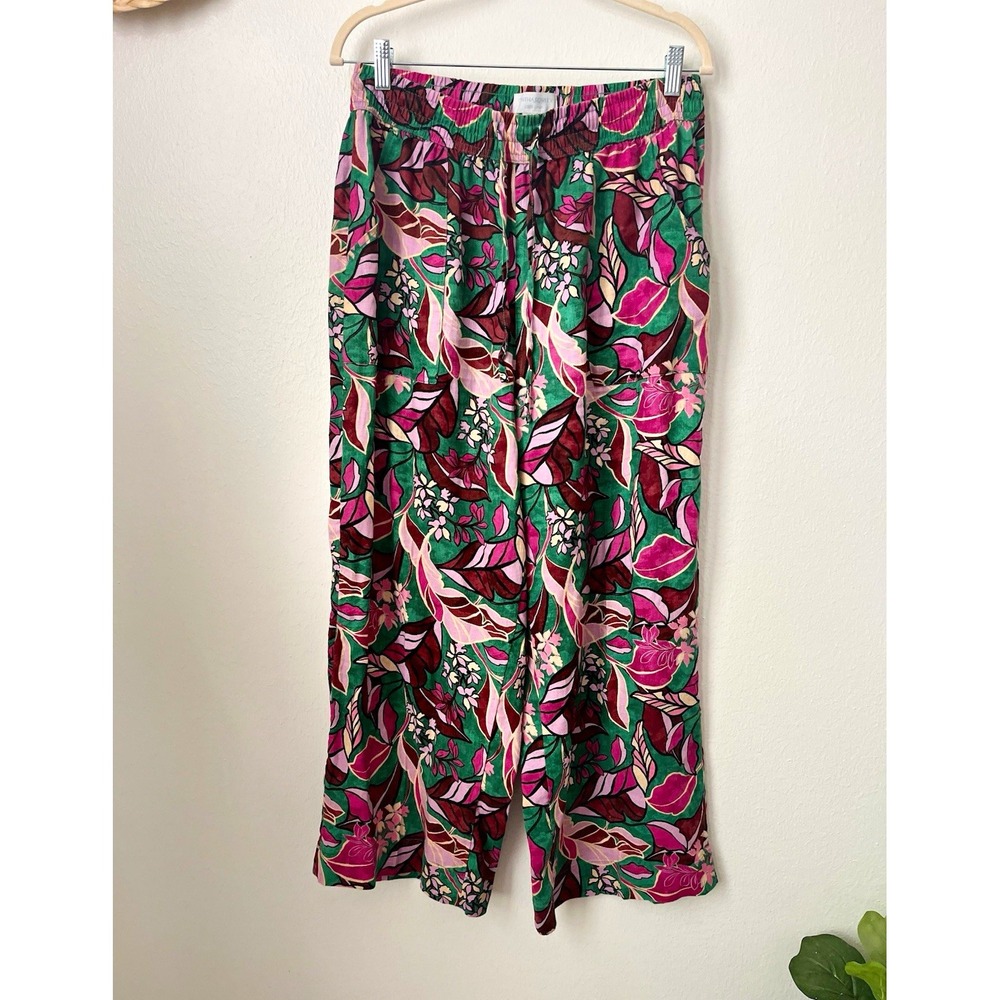 Cynthia Rowley Linen Floral Tropical Wide-Leg Pants Pockets Drawstring L